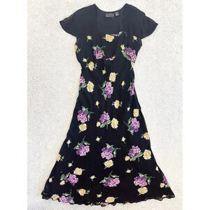 Vintage 90s Starina Maxi Dress Floral Belted Black Dark Romantic Practical Magic